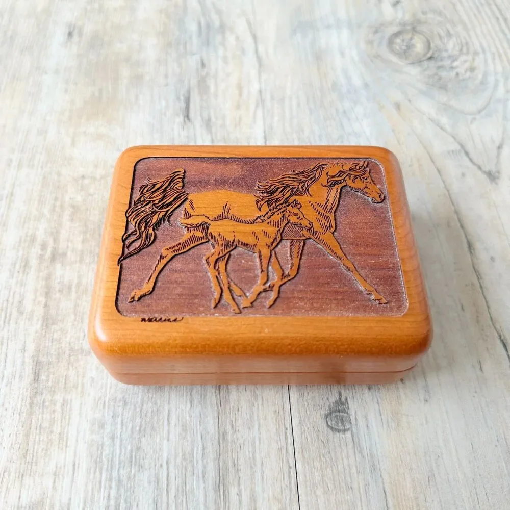 Vintage Horse Wood Jewelry Trinket Box Made in USA Western Equestrian Wilderness